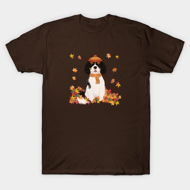 Tri Cavalier in Fall Leave, Tri Colored Cavalier King Charles Spaniel T-Shirt by Cavalier Gifts